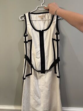 Michael Kors White Midi Dress with Black Trim and Belt